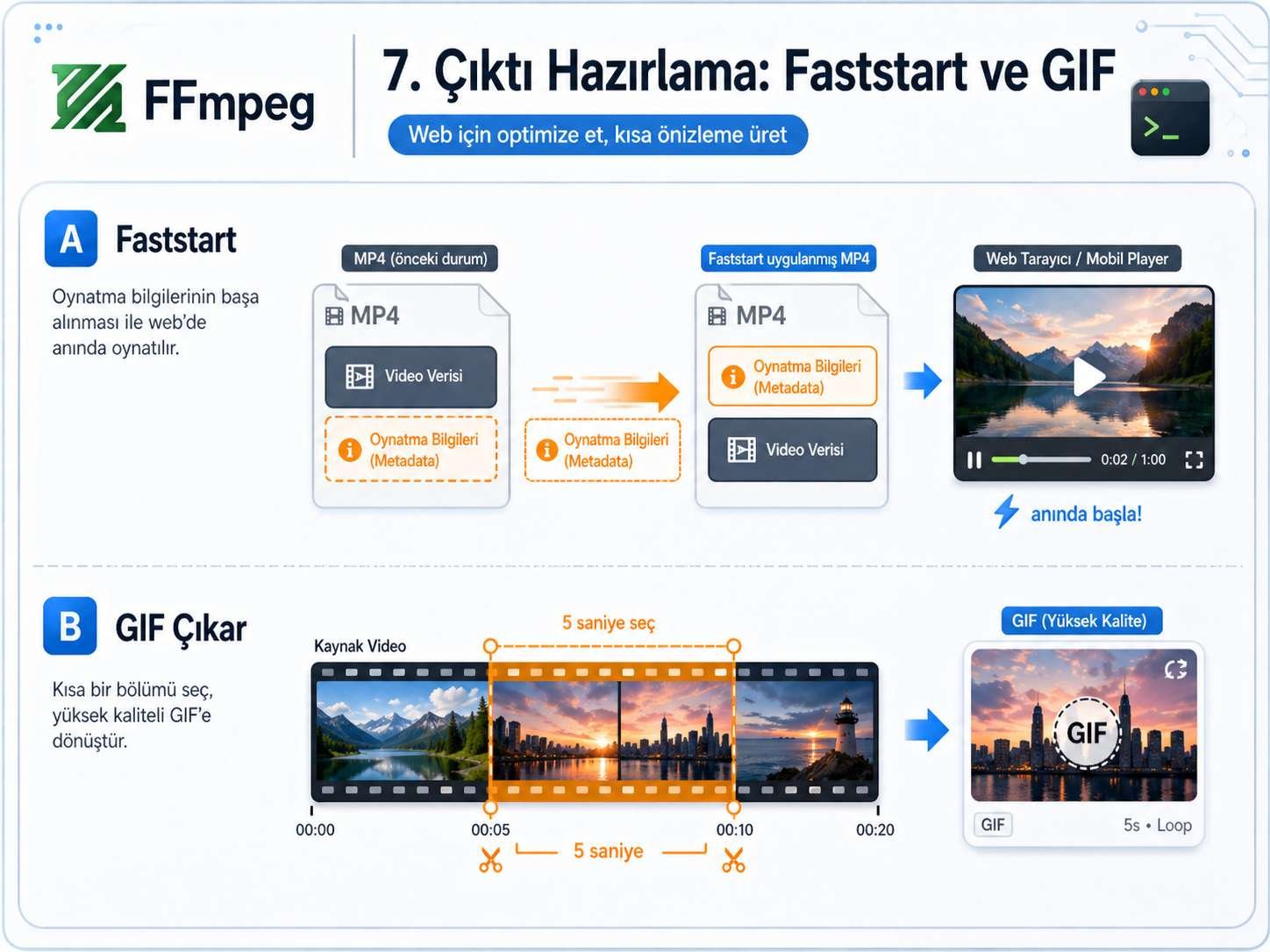 FFmpeg ile Faststart optimizasyonu ve GIF çıkarma görsel anlatımı