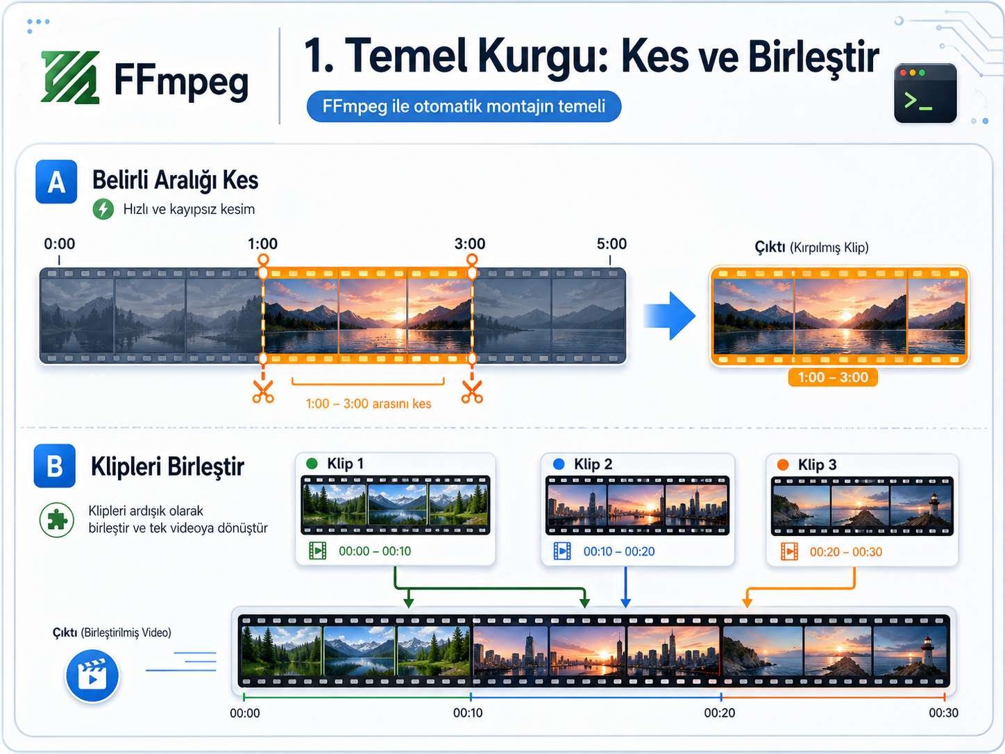 FFmpeg ile belirli video aralığını kesme ve klipleri birleştirme görsel anlatımı