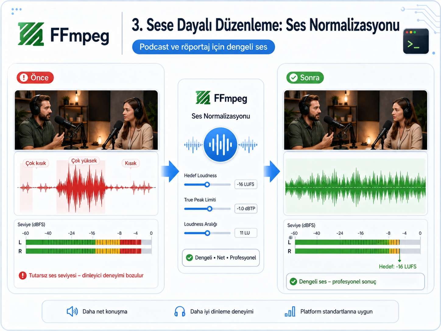 FFmpeg ses normalizasyonu öncesi ve sonrası görsel karşılaştırması